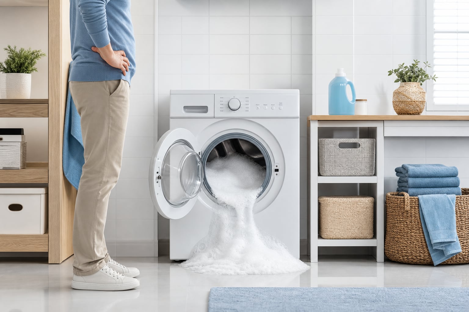 Una persona observa una lavadora abierta de la cual se desborda abundante espuma de jabón sobre el suelo de un cuarto de lavado. (Imagen Ilustrativa Infobae)