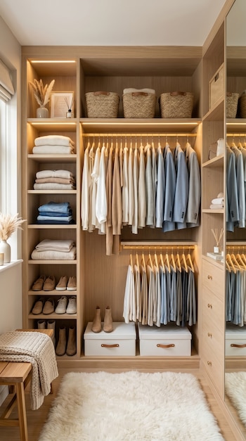 Vista frontal de un armario vestidor de madera clara con estantes iluminados, ropa doblada y colgada, zapatos, cestas y una alfombra blanca.