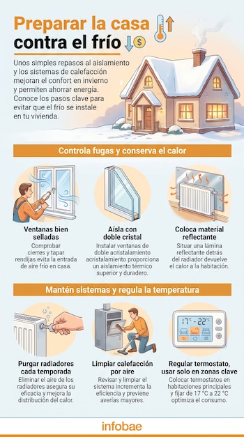 Infografía con una casa nevada, iconos de calor y ahorro. Muestra ilustraciones de ventanas, radiadores, sistemas de calefacción y un termostato.