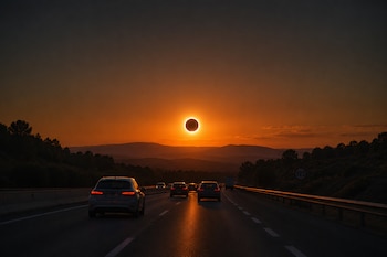 Varios vehículos circulan por una carretera durante eclipse solar (Imagen Ilustrativa Infobae)