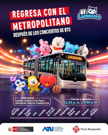 Cartel informativo sobre el autobús Lechucero en Lima, con personajes animados, rutas, estaciones y horarios de atención nocturna