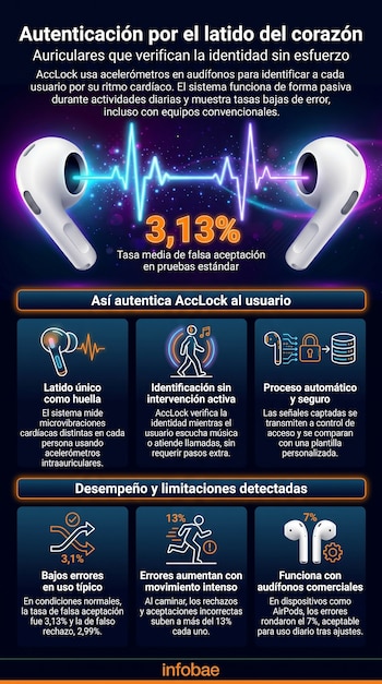 Infografía sobre AccLock que muestra dos auriculares blancos con una línea de ritmo cardíaco entre ellos y gráficos que detallan la autenticación por latido.