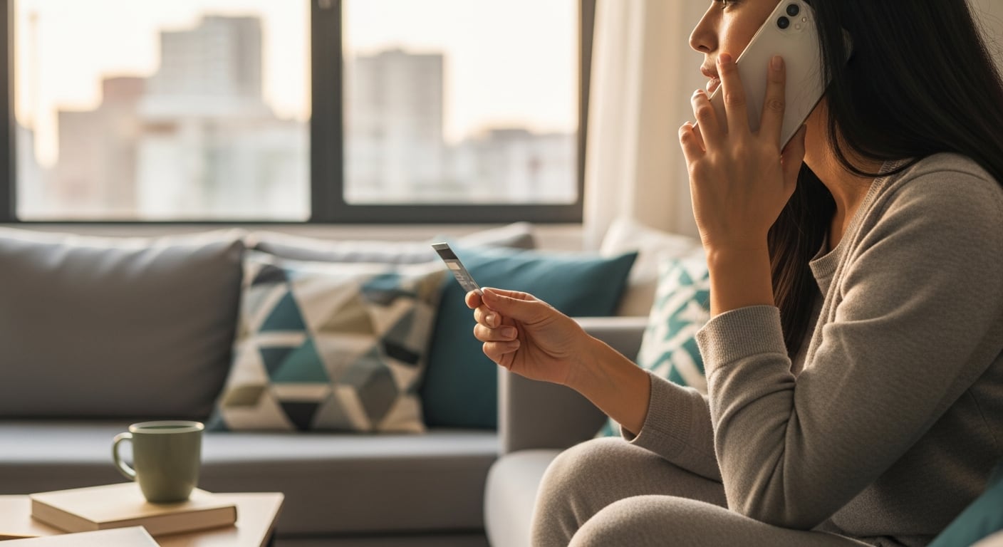 Una mujer realiza una llamada telefónica mientras sostiene una tarjeta de crédito en su hogar, probablemente gestionando asuntos financieros o bancarios desde la comodidad de su sofá. (Imagen Ilustrativa Infobae)