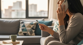Una mujer sentada en un sofá en su casa, con un teléfono celular blanco en la oreja y una tarjeta de crédito en la otra mano. Una ventana con vista a edificios se ve al fondo.