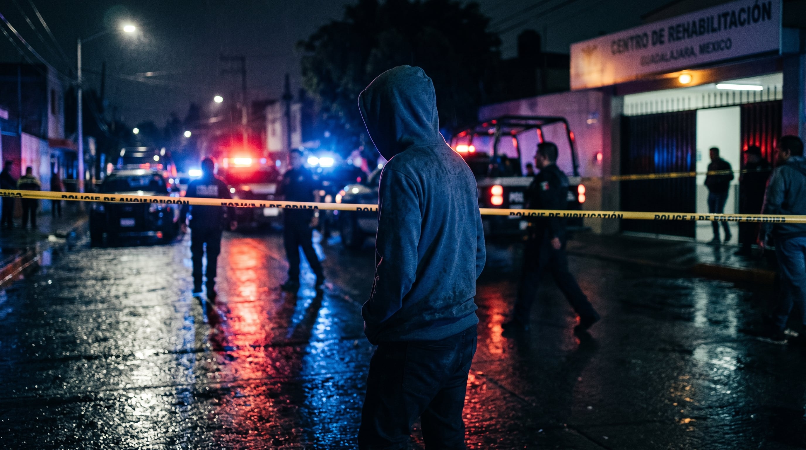 Autoridades policiales acordonan la calle frente a un centro de rehabilitación durante un operativo nocturno en Guadalajara, México. (Imagen Ilustrativa Infobae)