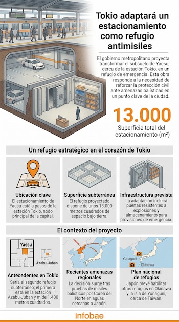 Esquema ilustrado de un estacionamiento subterráneo adaptado como refugio, acompañado de mapas de Japón e indicadores de superficie.