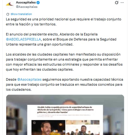 Asocapitales hizo una defensa directa a la iniciativa de Abelardo de la Espriella - crédito @Asocapitales/X