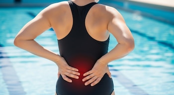 Una persona de espalda, con traje de baño negro, se toca la zona lumbar con ambas manos. Al fondo, una piscina de agua celeste y carriles marcados.