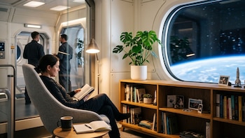 Mujer sentada leyendo un libro en un sillón. Ventana ovalada con vista de la Tierra y el espacio. Estantería con libros, una planta y un modelo de cohete. Dos hombres al fondo