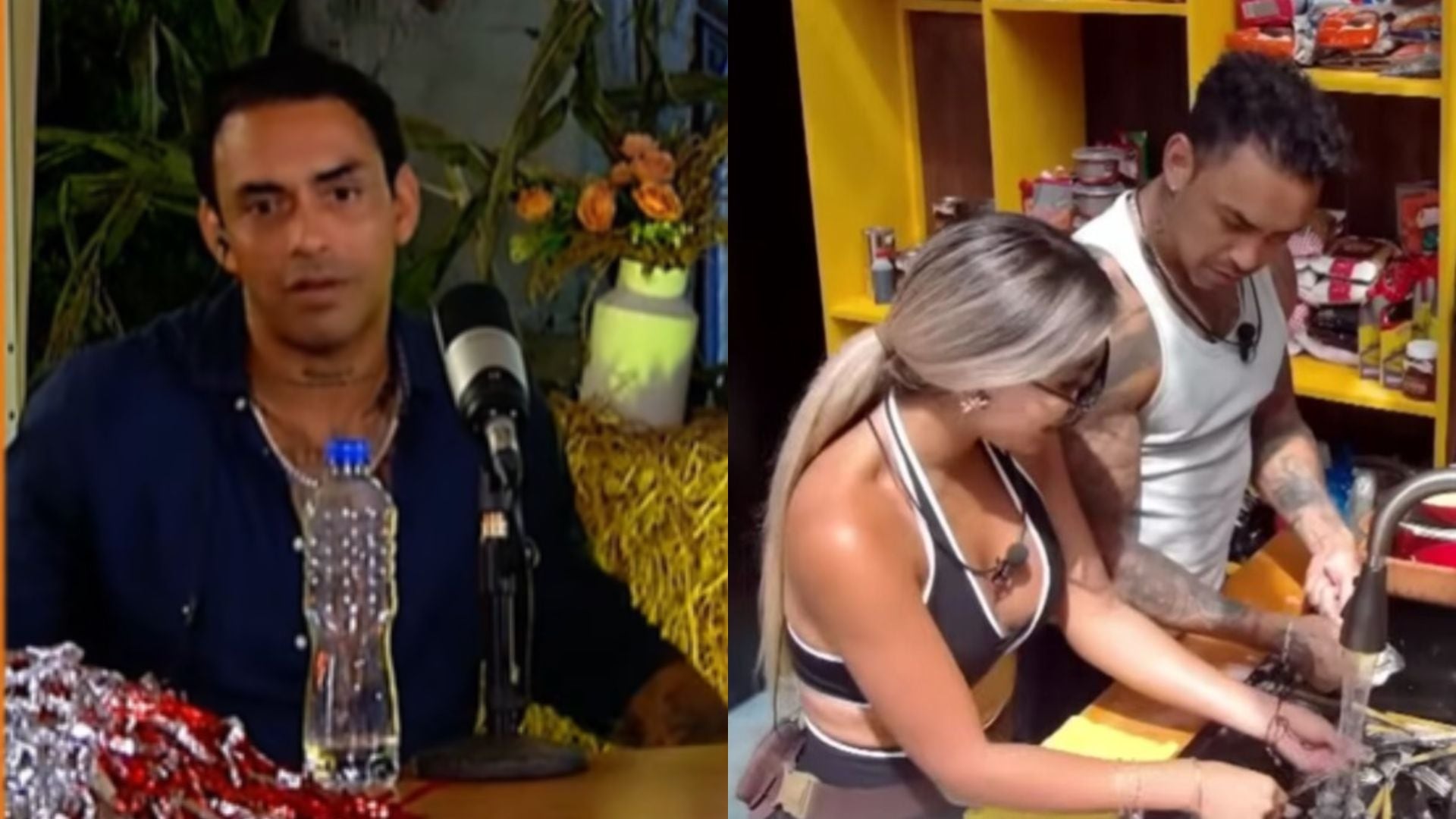 Diego Chavarri en una entrevista televisiva y Gabriela Herrera lavando en la cocina de ‘La Granja VIP’, generando debate sobre su relación tras el programa.