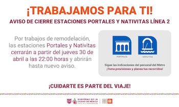 Gráfico del Metro CDMX anuncia cierre de estaciones Portales y Nativitas, Línea 2, por remodelación. Incluye íconos de las estaciones y logos gubernamentales