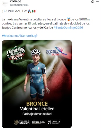 Vlentina Letelier sumó un bornce en los 5 mil metros de patinaje de velocidad. (X/ @conadeoficial)