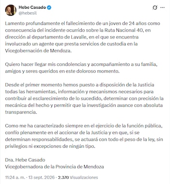 La vicegobernadora expresó sus condolencias a la familia de la víctima y se comprometió a que el hecho será investigado