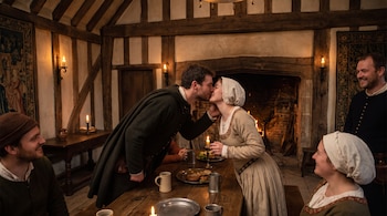 Interior medieval con paredes de madera y tapices. Un hombre y una mujer se besan sobre una mesa con velas y vajilla. Cuatro personas más observan.