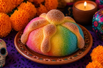 Un pan de muerto con franjas de colores cubierto de azúcar sobre un plato de barro, con flores de cempasúchil, una vela y una calavera.