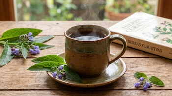 Taza de té humeante con plato, hojas y flores moradas de consuelda, y libro de tapa dura "Hierbas Curativas" sobre mesa de madera.