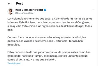 Ingrid Betancourt reaccionó a los nuevos detalles del caso de la Ungrd - crédito @IBetancourtCol