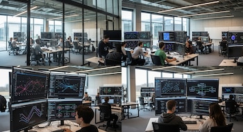 Estudiantes trabajando en computadoras frente a monitores con gráficos y análisis en un aula moderna de vidrio.