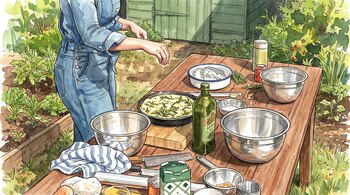 Ilustración en acuarela de una persona sazonando una masa en una mesa de madera con recipientes, aceite de oliva y utensilios en un jardín.