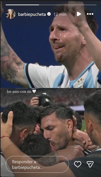 Fotografía dividida de dos momentos: arriba, Lionel Messi alza el brazo con expresión emotiva; abajo, Sergio Agüero abraza a otros jugadores