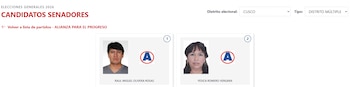 Captura de pantalla de una página web con los perfiles de Raúl Miguel Olivera Rosas y Yesica Romero Vergara, candidatos al Senado por Cusco en 2026