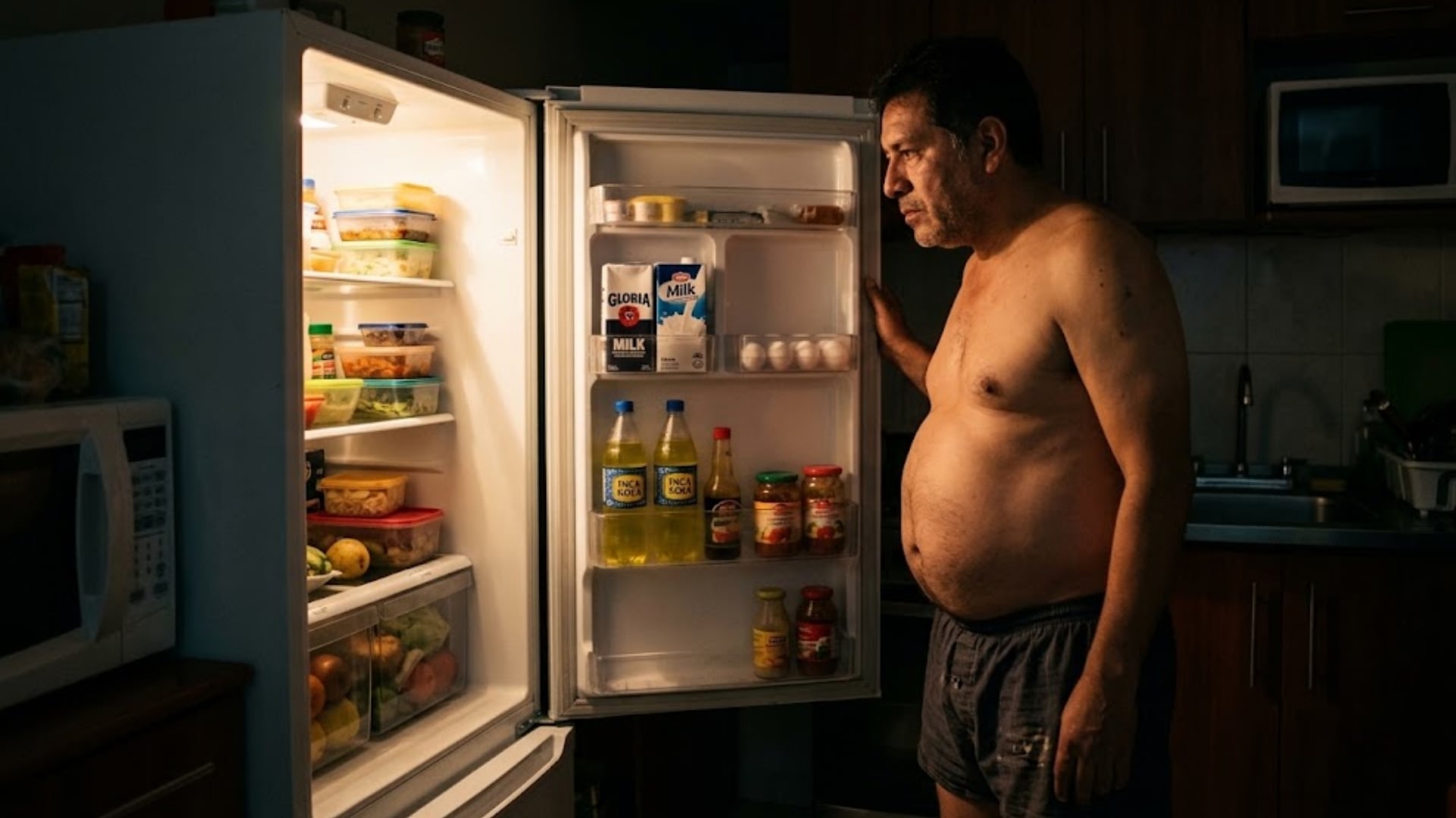 Un hombre sin camiseta observa los alimentos almacenados dentro de un refrigerador abierto durante la noche en la cocina de una vivienda. (Imagen Ilustrativa Infobae)