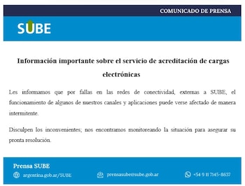 Desde SUBE informaron las fallas de conectividad en el sistema