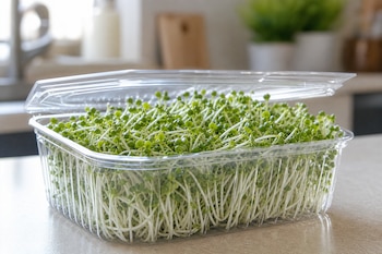 Germinados de brócoli verdes dentro de un recipiente plástico transparente abierto sobre un mostrador de cocina.