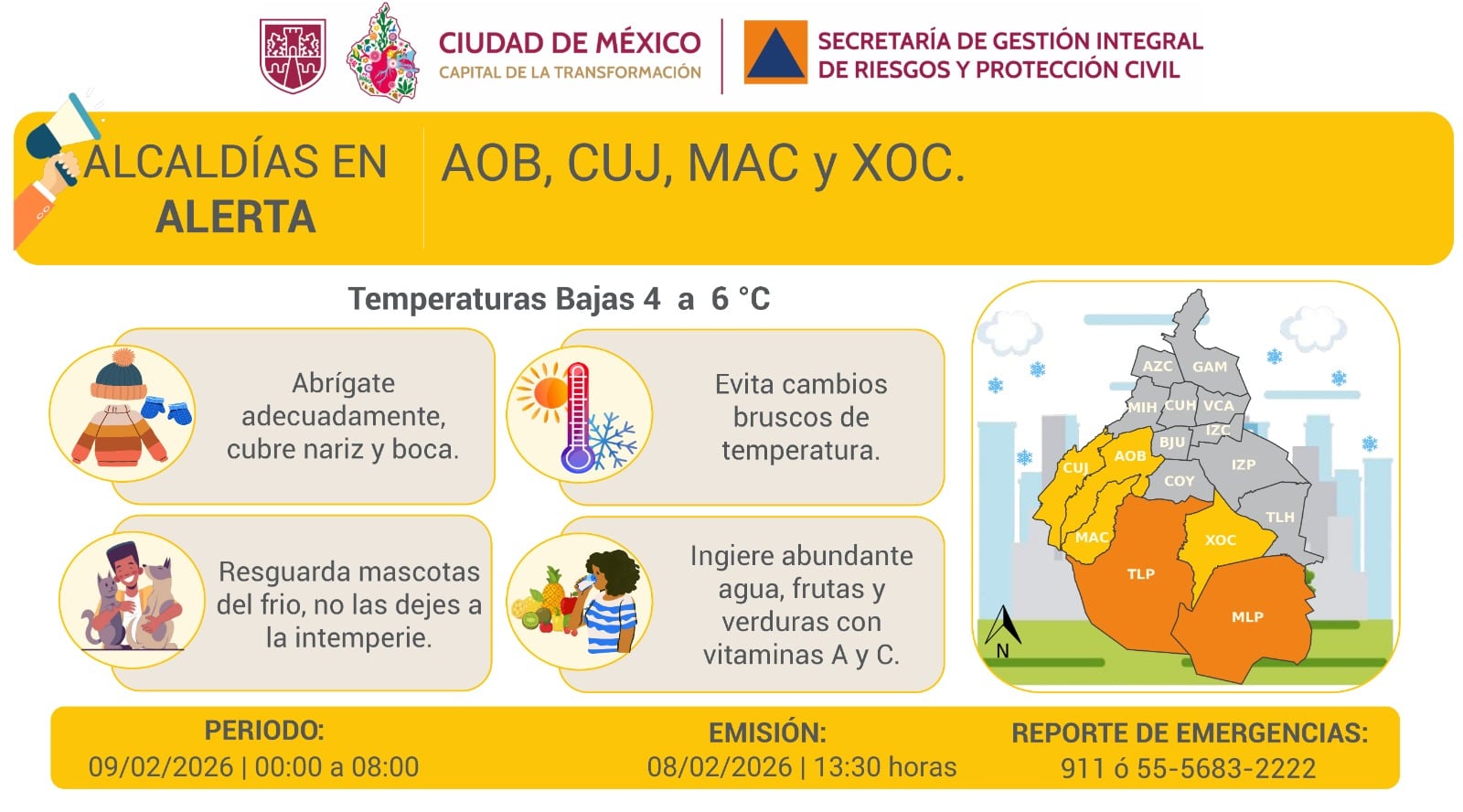 Cuatro alcaldías de la CDMX estarán en alerta amarilla este lunes 9 de febrero. Foto: X/@SGIRPC_CDMX.