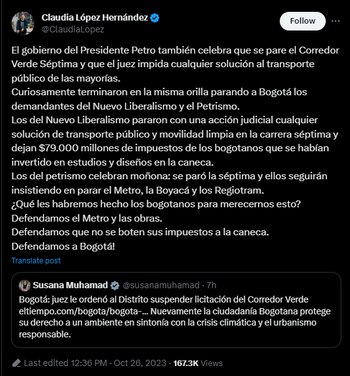 Claudia López respondió a Susana Muhamad, que “celebró” decisión de suspender los procesos de licitación relacionados con el Corredor Verde de la carrera séptima en Bogotá- crédito @ClaudiaLopez/ X