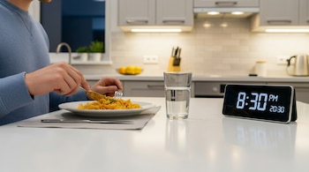 Hombre en suéter azul comiendo pasta con tenedor y cuchillo en una mesa blanca; un vaso de agua y un reloj digital marcando 20:30 están cerca.