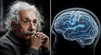 Imagen dividida mostrando a Albert Einstein con expresión pensativa a la izquierda y una representación digital de un cerebro humano iluminado a la derecha.