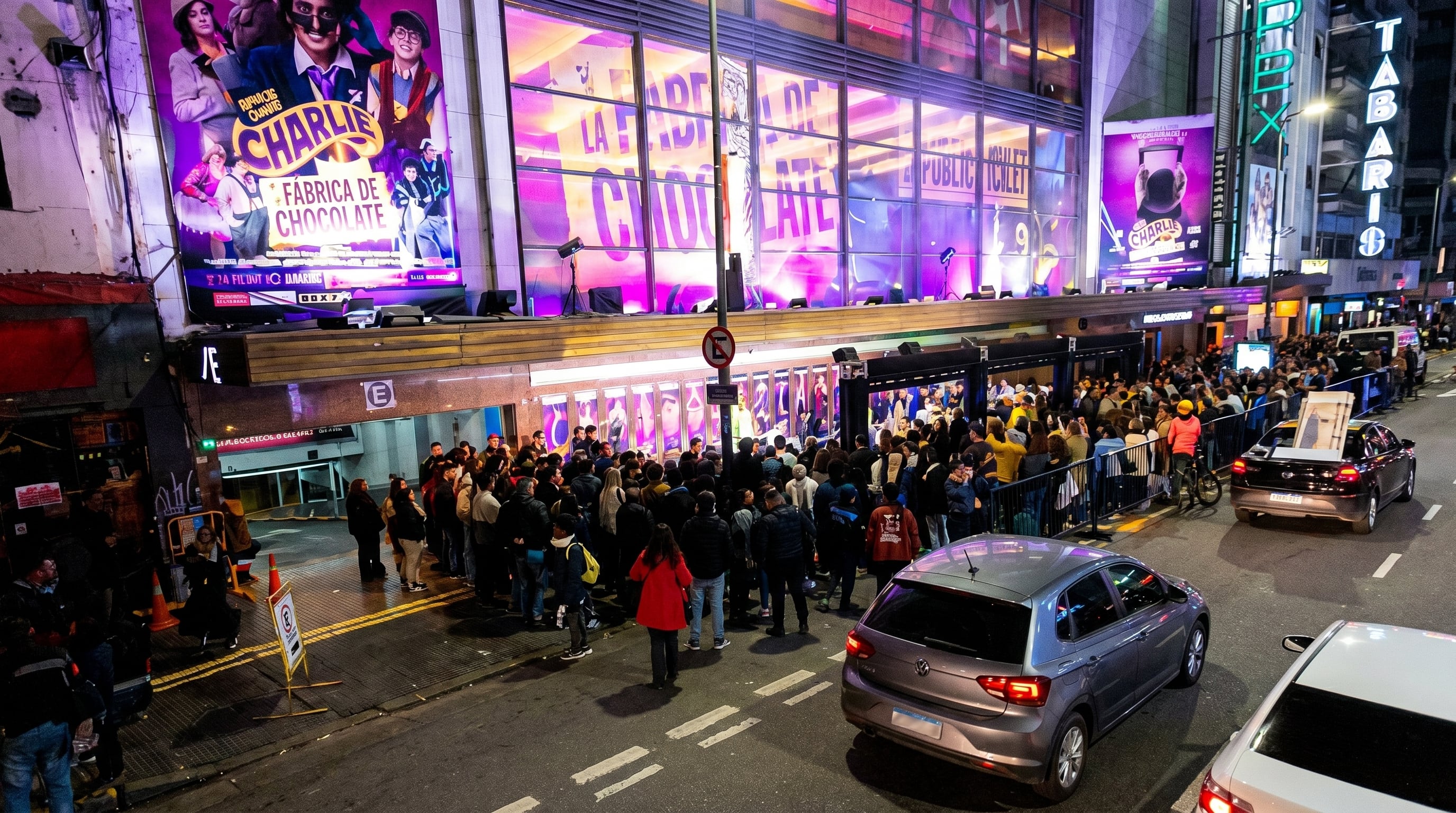Una multitud se congrega frente al Teatro Tabaris en Buenos Aires, esperando el ingreso a una función de 'Charlie y la Fábrica de Chocolate' en una noche vibrante de la ciudad. (Imagen Ilustrativa Infobae)