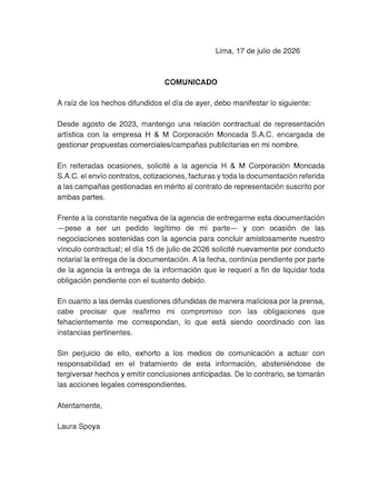 Laura Spoya publicó un comunicado tras la denuncia por difamación atribuida a su exmánager y explicó su versión del conflicto. IG