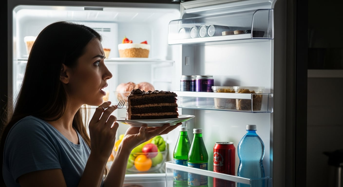 Una mujer visiblemente estresada come una porción de pastel de chocolate directamente de una nevera abierta en la oscuridad. (Imagen Ilustrativa Infobae)