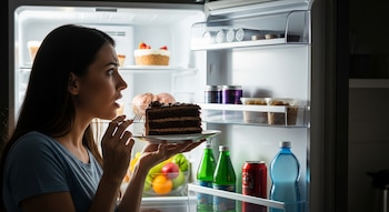 Vista de perfil de una mujer joven tomando una porción de pastel de chocolate con un tenedor de un plato, frente a una nevera iluminada y abierta.
