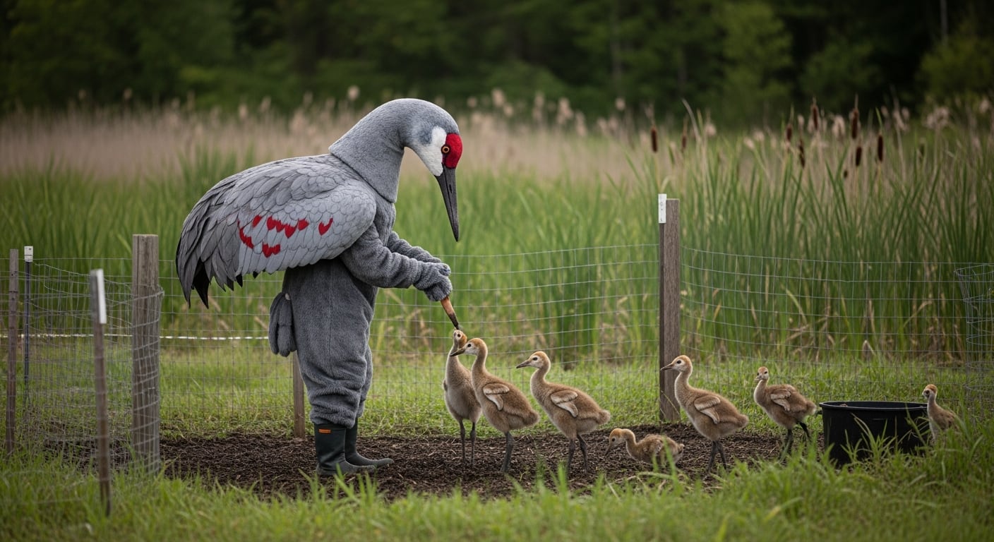 Una rehabilitadora de Minnesota alimenta y acompaña a polluelos con un traje de plumas para evitar que se apeguen a las personas, un paso clave para que aprendan conductas y regresen a la vida silvestre (Imagen Ilustrativa Infobae)