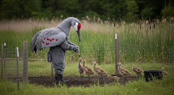 Una persona con disfraz fotorrealista de grulla canadiende gris con detalles rojos, alimentando polluelos de grulla con un palo en un recinto cercado de hierba.