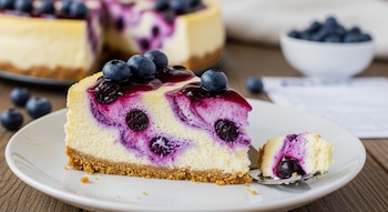 Un trozo de cheesecake de arándanos con base de galleta y crema de queso veteada en morado sobre un plato blanco, con una cuchara con un bocado y el pastel de fondo.