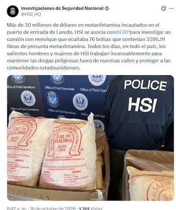 El cargamento fue localizado durante una inspección realizada por HSI y CBP a un camión con remolque. (X @HSI_HQ)