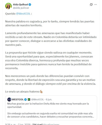 La senadora Aida Quilcué extendió una invitación a Westcol para un 'stream' cultural tras consultar a su comunidad indígena - crédito @aida_quilcue/X