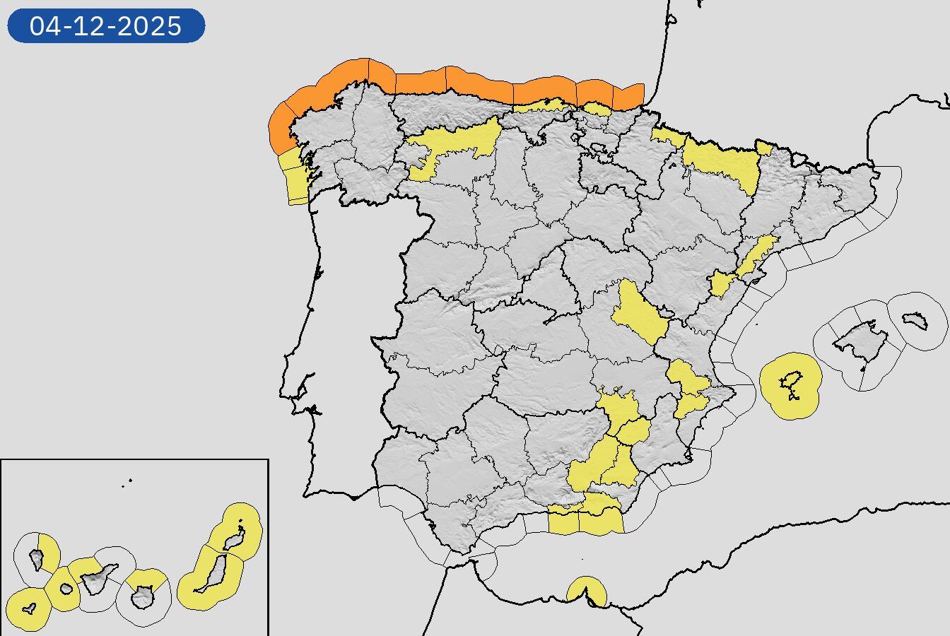 Mapa de alertas meteorológicas para este jueves, 4 de diciembre de 2025. (Aemet)