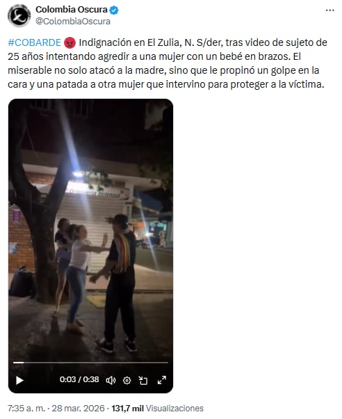 Impacto en El Zulia por video de agresión a mujer con bebé: piden identificar al responsable - crédito @ColombiaOscura/X