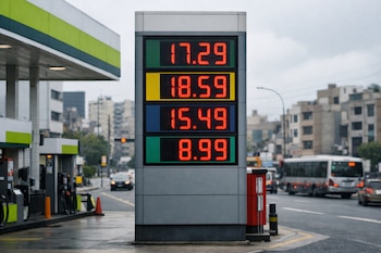 Cartel digital de estación de servicio con cuatro líneas de números rojos, surtidores de combustible, vehículos en la avenida, edificios y cielo nublado.