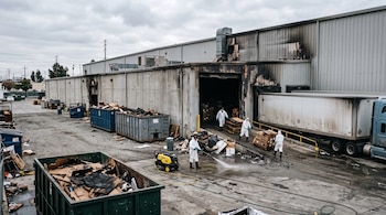 Operarios con trajes blancos limpian y retiran cajas junto a un edificio industrial quemado y contenedores de basura.