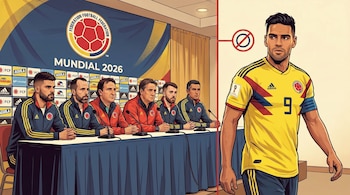 Ilustración de Falcao con camiseta de la Selección Colombia junto a una sala de prensa con el logo del Mundial 2026 y un símbolo de negación sobre él.