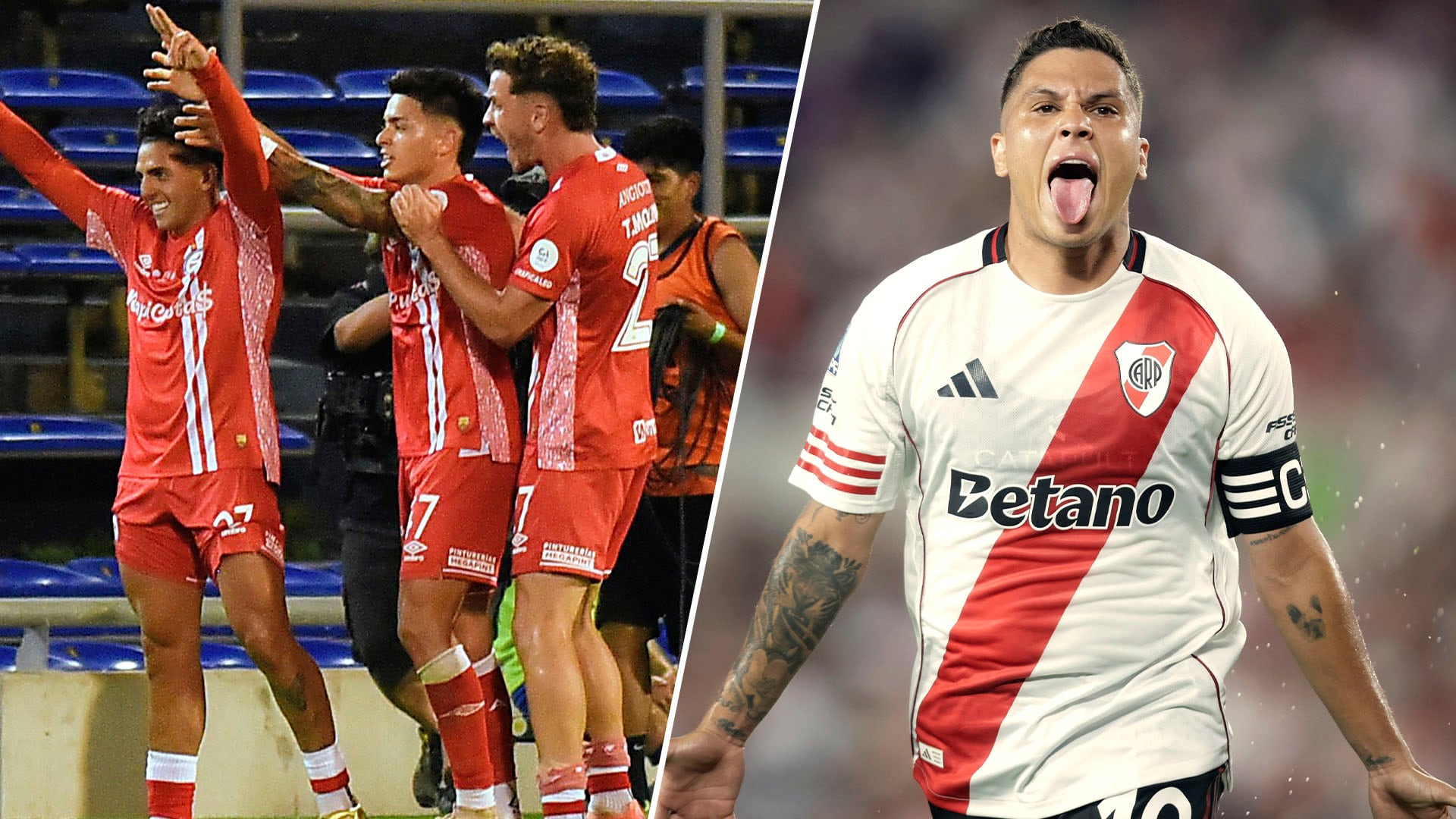Juan Fernando Quintero, vistiendo la camiseta de River Plate, celebra eufóricamente junto a jugadores de Argentinos Juniors que festejan un gol en un intenso partido de fútbol argentino.