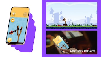 Teléfono inteligente con el videojuego Angry Birds. Catapulta con pájaro rojo, césped, árboles. Manos de persona sosteniendo el teléfono. Texto: Angry Birds Flock Party