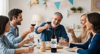 Cinco personas en una mesa, un hombre levanta una copa de vino. Otro hombre y dos mujeres tienen vasos con bebida. Hay una botella de vino "El Mejor Papá".