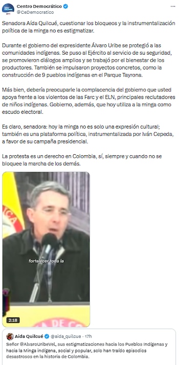 Centro Democrático advirtió sobre el uso político de la minga y pidió garantías para todos los ciudadanos - crédito @CeDemocratico/X
